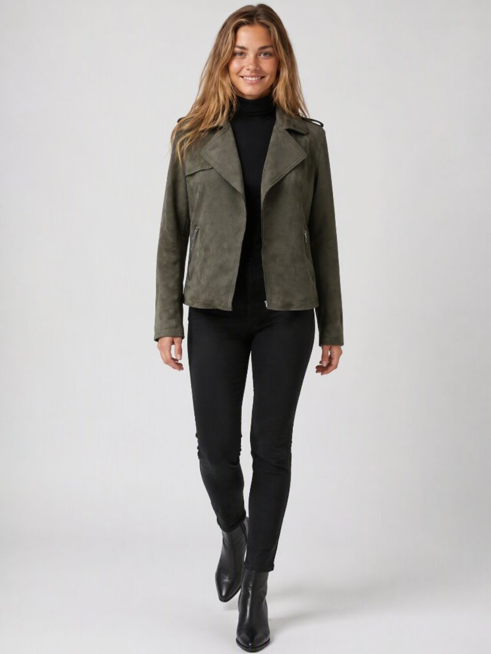 T by Tahari Olive Green Faux Suede Leather Moto Jacket XS